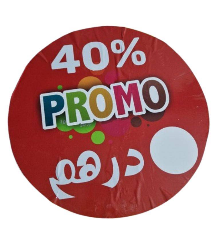 Autocollant promotionnel circulaire rouge – Annonce 40% de réduction, texte bilingue (arabe/Français), design accrocheur. Idéal pour les commerces